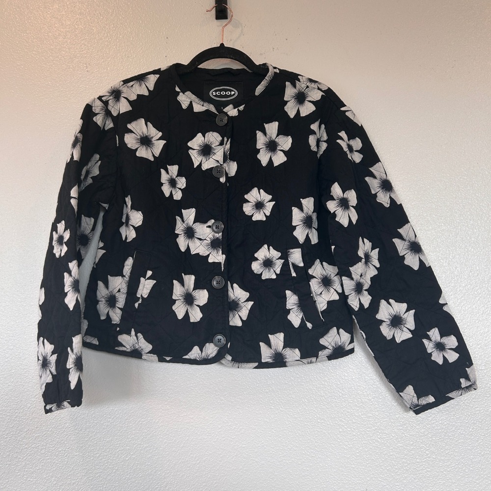 Scoop Womens Black White Floral Quilted Cotton Jacket Small 4-6